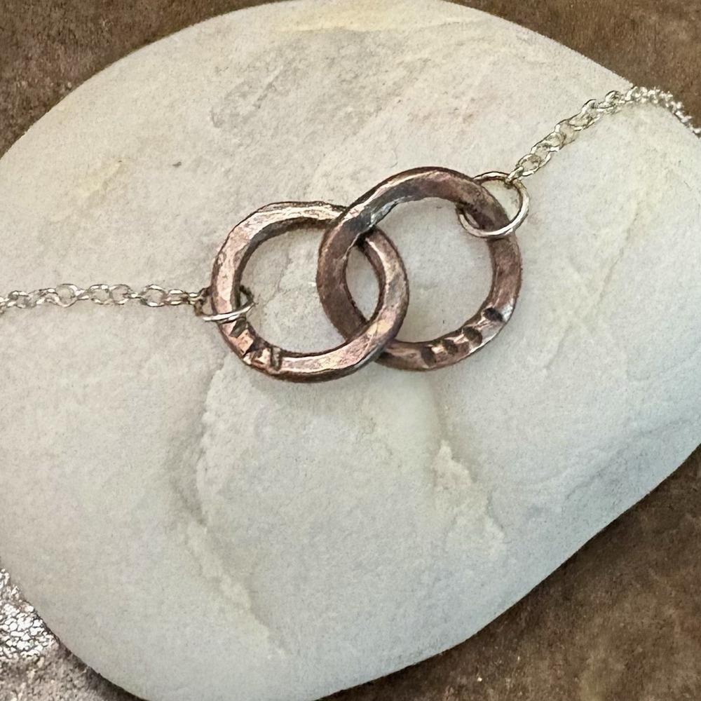 Handmade Connected Copper Rings Necklace, 7th Anniversary Gift For Her